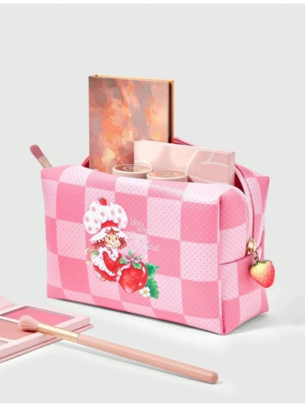 Strawberry Shortcake Pink Checkered Cosmetic Bag Cute Travel Makeup Pouch Charm